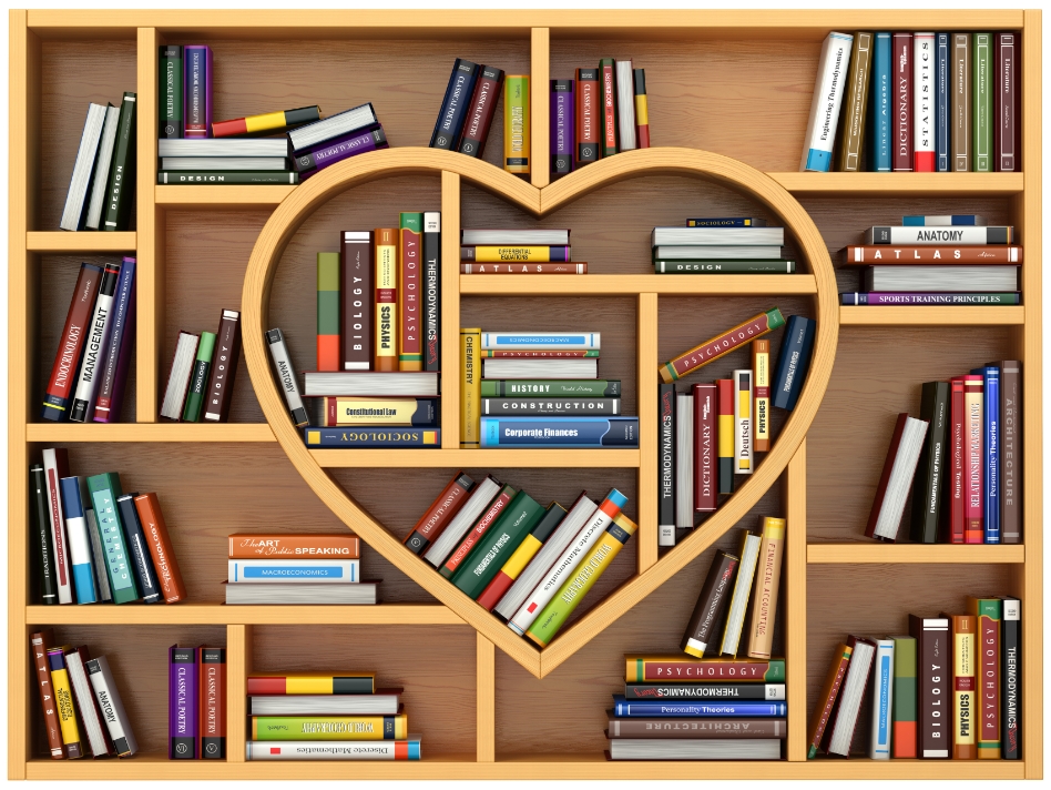 Bookshelf with heart shaped shelf in center full of books